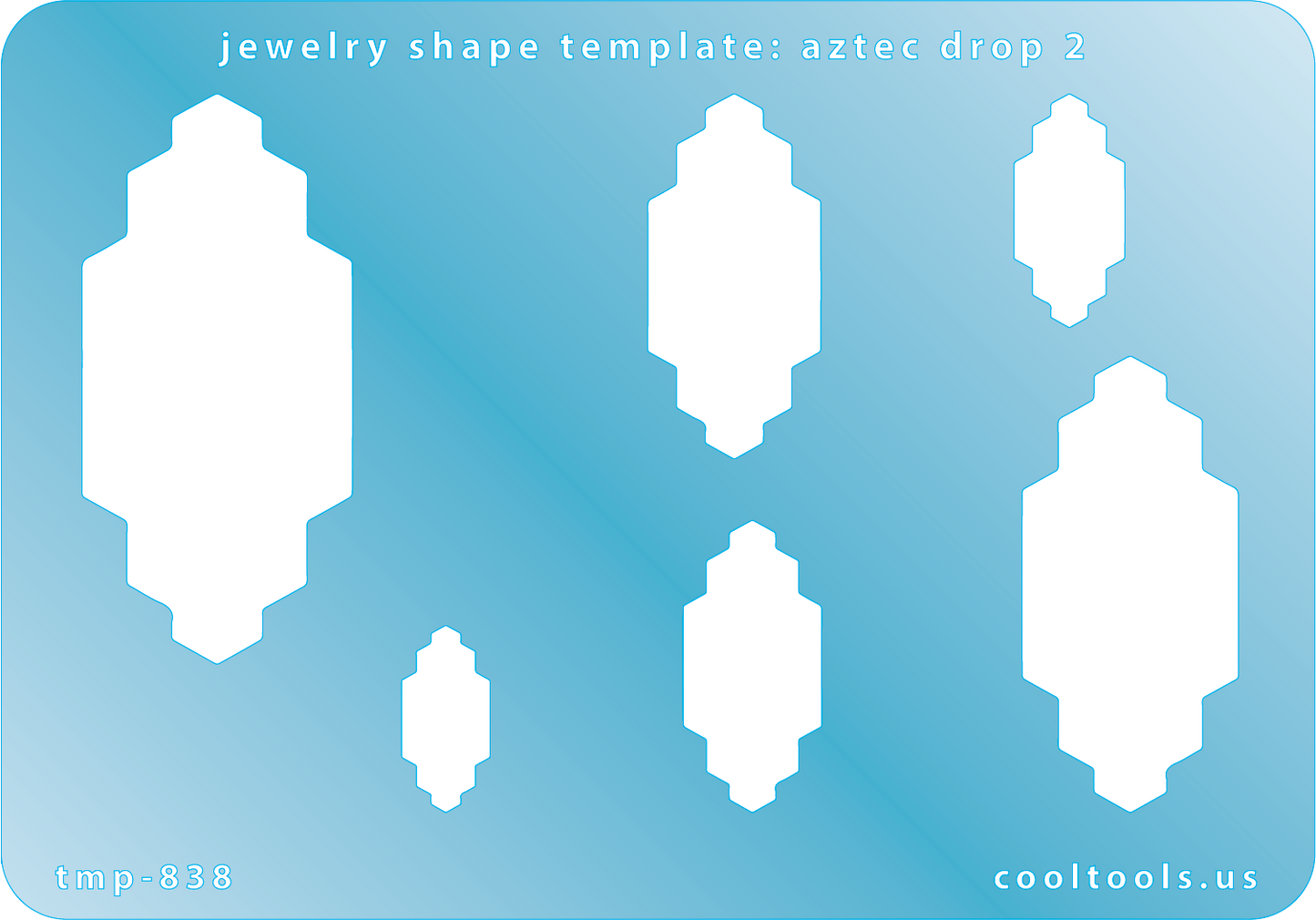Blue plastic Jewelry Shape Template - Aztec Drop 2 Includes 6 graduated sizes. Sizes are from 17.5mm to 55mm.  Our special surface makes it easy to find these templates on your workbench, but allows clarity for positioning