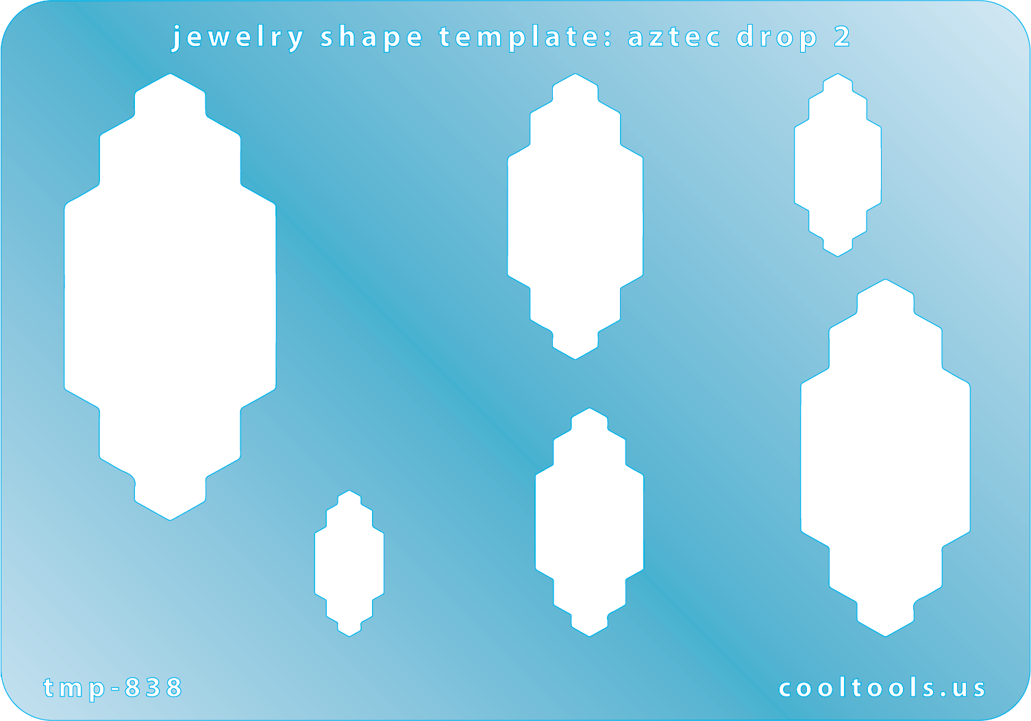 Blue plastic Jewelry Shape Template - Aztec Drop 2 Includes 6 graduated sizes. Sizes are from 17.5mm to 55mm.  Our special surface makes it easy to find these templates on your workbench, but allows clarity for positioning