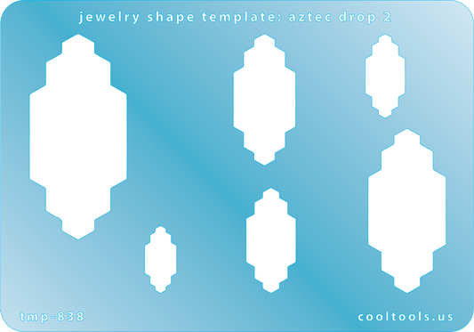 Blue plastic Jewelry Shape Template - Aztec Drop 2 Includes 6 graduated sizes. Sizes are from 17.5mm to 55mm.  Our special surface makes it easy to find these templates on your workbench, but allows clarity for positioning