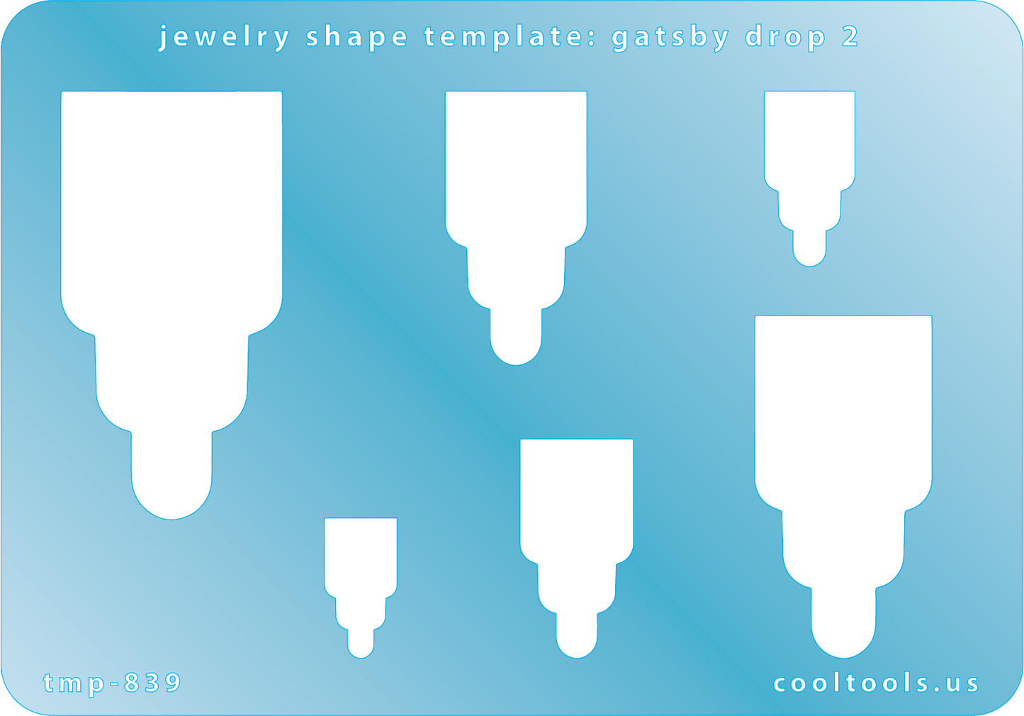 Blue plastic Jewelry Shape Template - Gatsby Drop 2 Includes 6 graduated sizes. Sizes are from 17.5mm to 54.5mm.  Our special surface makes it easy to find these templates on your workbench, but allows clarity for positioning.