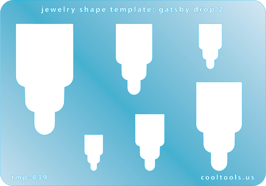 Blue plastic Jewelry Shape Template - Gatsby Drop 2 Includes 6 graduated sizes. Sizes are from 17.5mm to 54.5mm.  Our special surface makes it easy to find these templates on your workbench, but allows clarity for positioning.
