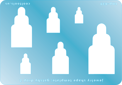 Blue plastic Jewelry Shape Template - Gatsby Drop 2 Includes 6 graduated sizes. Sizes are from 17.5mm to 54.5mm.  Our special surface makes it easy to find these templates on your workbench, but allows clarity for positioning.