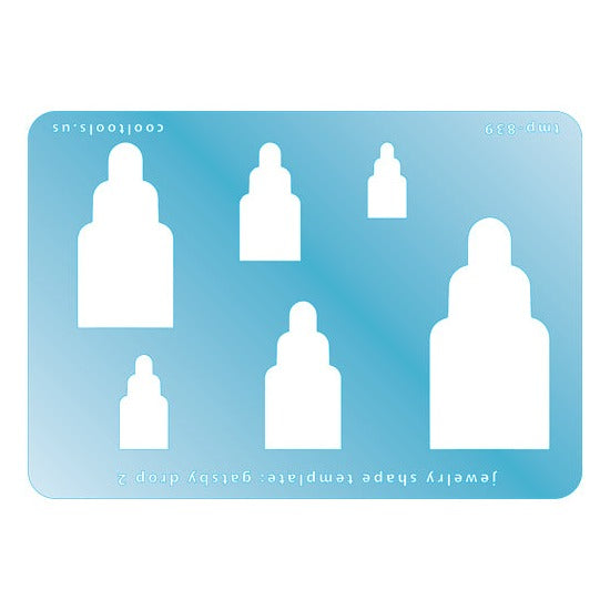 Blue plastic Jewelry Shape Template - Gatsby Drop 2 Includes 6 graduated sizes. Sizes are from 17.5mm to 54.5mm. Our special surface makes it easy to find these templates on your workbench, but allows clarity for positioning.