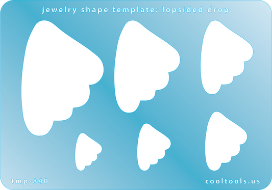 Blue plastic Jewelry Shape Template - Lopsided Drop Includes 6 graduated sizes. Sizes are from 17.5mm to 54.5mm.  Our special surface makes it easy to find these templates on your workbench, but allows clarity for positioning.
