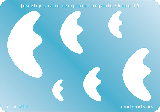 Blue plastic Jewelry Shape Template - Organic Shape 19 Includes 6 graduated sizes. Sizes are from 17.5mm to 53.5mm.  Our special surface makes it easy to find these templates on your workbench, but allows clarity for positioning.