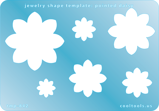 Blue plastic Jewelry Shape Template - Pointed Daisy Includes 6 graduated sizes. Sizes are from 15.5mm to 47.5mm.  Our special surface makes it easy to find these templates on your workbench, but allows clarity for positioning.