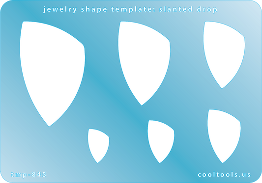 Blue plastic Jewelry Shape Template - Slanted Drop Includes 6 graduated sizes. Sizes are from 16.5mm to 53mm.  Our special surface makes it easy to find these templates on your workbench, but allows clarity for positioning.