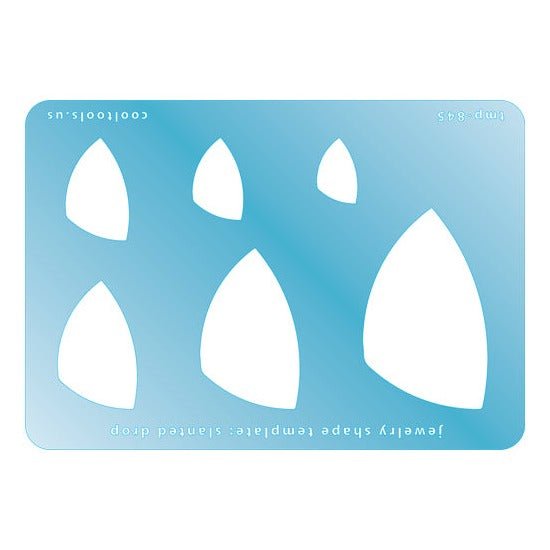 Blue plastic Jewelry Shape Template - Slanted Drop Includes 6 graduated sizes. Sizes are from 16.5mm to 53mm. Our special surface makes it easy to find these templates on your workbench, but allows clarity for positioning.