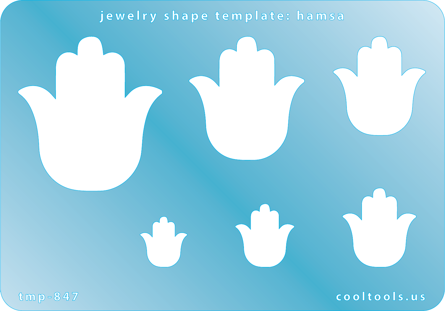 Blue plastic Jewelry Shape Template - Hamsa Includes 6 graduated sizes. Sizes are from 14mm to 44mm.  Our special surface makes it easy to find these templates on your workbench, but allows clarity for positioning