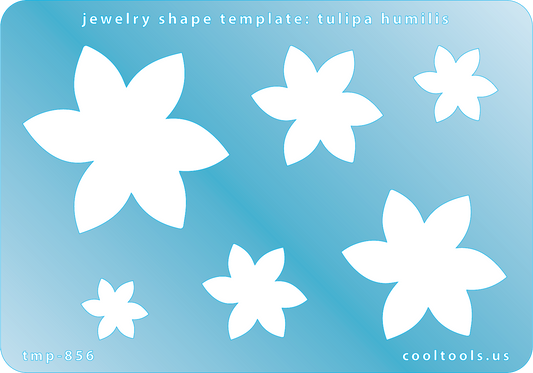 Blue plastic Jewelry Shape Template - Tulipa Humilis Includes 6 graduated sizes. Sizes are from 15mm to 49mm.  Our special surface makes it easy to find these templates on your workbench, but allows clarity for positioning.