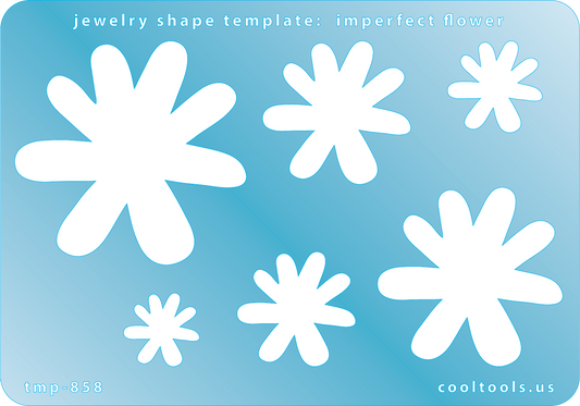 Blue plastic Jewelry Shape Template - Imperfect Flower Includes 6 graduated sizes. Sizes are from 16.5mm to 51mm.  Our special surface makes it easy to find these templates on your workbench, but allows clarity for positioning.