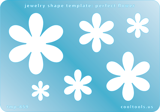 Blue plastic Jewelry Shape Template - Perfect Flower Includes 6 graduated sizes. Sizes are from 16mm to 49mm.  Our special surface makes it easy to find these templates on your workbench, but allows clarity for positioning.