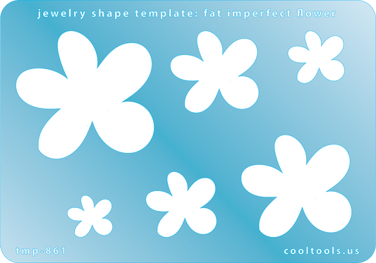 Blue plastic Jewelry Shape Template - Fat Imperfect Flower Includes 6 graduated sizes. Sizes are from 15.5mm to 50mm.  Our special surface makes it easy to find these templates on your workbench, but allows clarity for positioning.