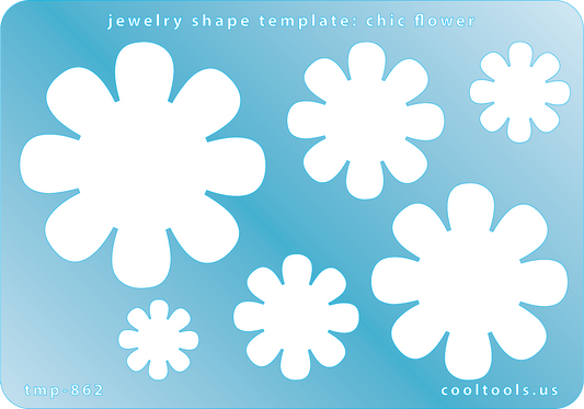 Blue plastic Jewelry Shape Template - Chic Flower Includes 6 graduated sizes. Sizes are from 17.5mm to 54mm.  Our special surface makes it easy to find these templates on your workbench, but allows clarity for positioning.