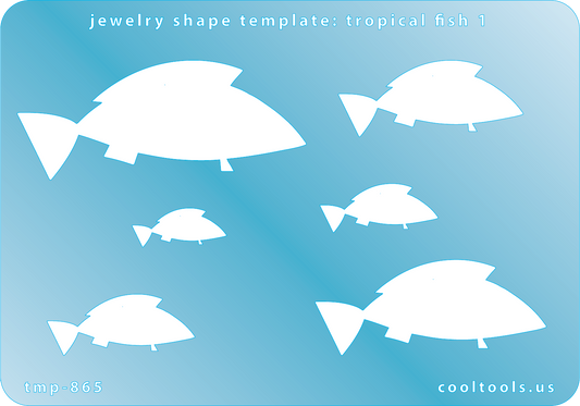 Blue plastic Jewelry Shape Template - Tropical Fish 1 Includes 6 graduated sizes. Sizes are from 19mm to 62mm.  Our special surface makes it easy to find these templates on your workbench, but allows clarity for positioning.