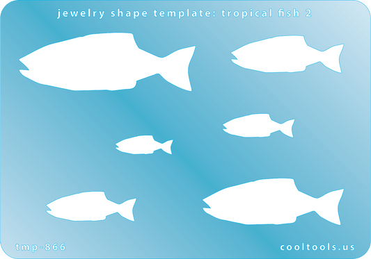 Blue plastic Jewelry Shape Template - Tropical Fish 2 Includes 6 graduated sizes. Sizes are from 19mm to 60mm.  Our special surface makes it easy to find these templates on your workbench, but allows clarity for positioning.