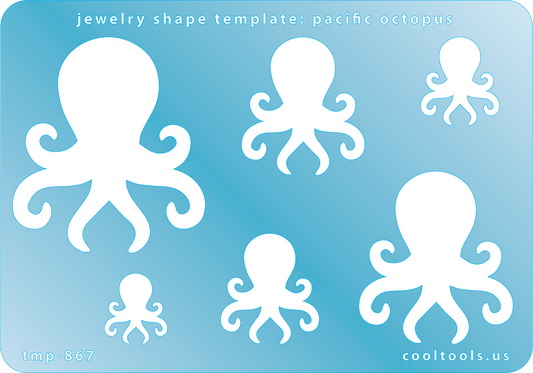 Blue plastic Jewelry Shape Template - Pacific Octopus Includes 6 graduated sizes. Sizes are from 17mm to 52mm.  Our special surface makes it easy to find these templates on your workbench, but allows clarity for positioning.