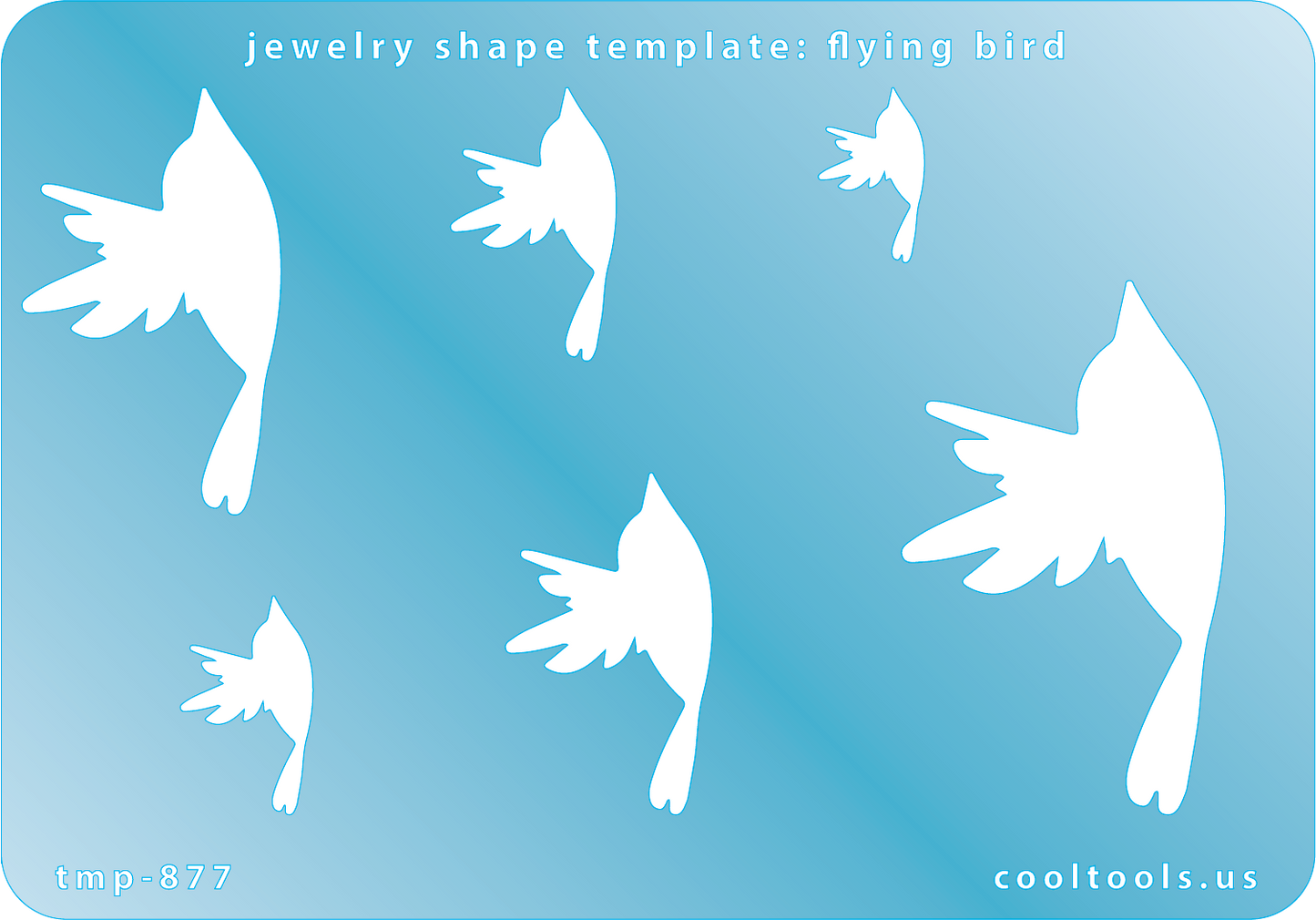 Blue plastic Jewelry Shape Template - Flying Bird Includes 6 graduated sizes. Sizes are from 16mm to 51.5mm.  Our special surface makes it easy to find these templates on your workbench, but allows clarity for positioning