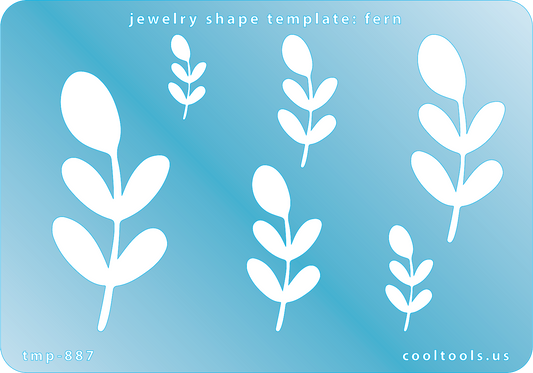 Blue plastic Jewelry Shape Template - Fern Includes 6 graduated sizes. Sizes are from 20.5mm to 61.5mm.  Our special surface makes it easy to find these templates on your workbench, but allows clarity for positioning.
