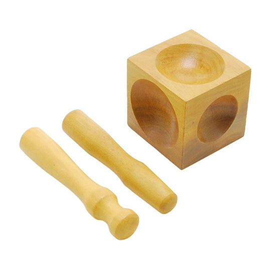 Dapping Block & Punches - Wood Features 6 different sized depressions. Includes 2 hardwood punches. Will not scratch or mar fine silver.  Depression Diameters: 48mm, 46mm, 44mm, 37mm,36mm, 35mm.  Depression Depths: 13mm - 17mm