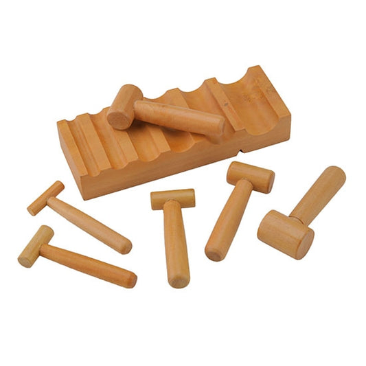 Forming Block Set - Hardwood - U-Channel Features 6 different depressions for creating tubes or curved sheets from 1.4" in diameter to 1" in diameter. Includes 6 hardwood punches. Will not scratch or mar fine silver.