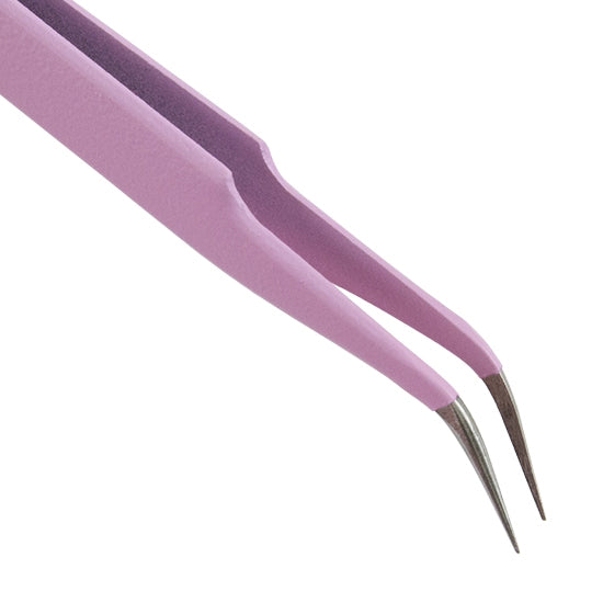 Stainless Steel Precision Beading Tweezers Bent Tip Bent tip stainless steel tweezers for picking up, handling and positioning those impossibly small findings, stones and components. Pink coloring makes it easy to pick out on your work bench.