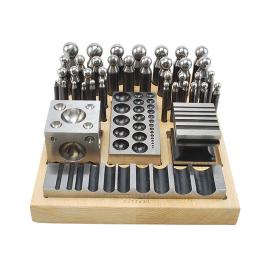 Dapping Set - Deluxe - 40 Pieces Set includes:  U-Channel Block: 8" x 1-1/2" x 3/4" 10 Depressions: 23, 20, 18.5, 17, 15.5, 14, 10, 7, 6, 5mm Flat Dapping Block: 5"x 2-1/2" x 1" 27 Depressions: 25 - 1.5mm Swage Block: 2-1/2" x 2-1/2" x 2" 22 Grooves: 25 - 3mm Doming Block: 2-1/2" x 2-1/2" x 2-1/2" 21 Depressions: