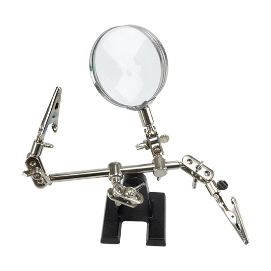 Double Third Hand with 2x Magnifier Handy double, third-hand work holder features clips and 2X magnifier mounted on a weighted base to hold items stable and secure in any position while soldering. Enables user to have both hands free while working. Two clips hold intricate parts firmly.