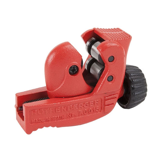 red Mini Max Tube Cutter Perfect for large hole rivets! For silver, copper, brass, aluminum, and thin-walled steel pipes. Cuts tube diameters from 3mm (1/8") to 28mm (1-1/8").  Handy design with very small working radius (58 mm and/ or 2-1/4") allows for use in hard-to-reach places Effortless pressure control with the large knurled knob and handy design Two guide rollers with recess for cuts near flares