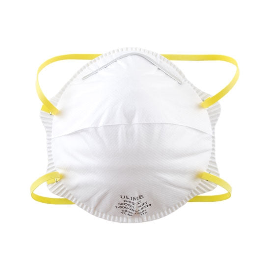 white Dust Respirator mask with yellow rubber straps