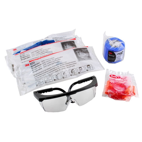 Safety Kit Safety kits includes:  Clear polycarbonate safety glasses Roll of 3M vet tape 3 soft foam ear plug sets 3 3M particulate respirators