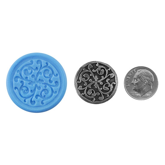 Ready Mold - Iron Scrolls  Blue Ready Mold, Silver Sample with Dime