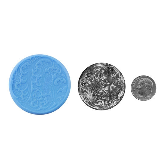 Ready Mold - Engraved Roses  Blue Ready Mold, Silver Sample with Dime