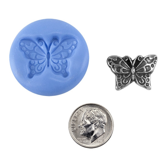 Ready Mold - Detailed Butterfly  Blue Ready Mold, Silver Sample with Dime