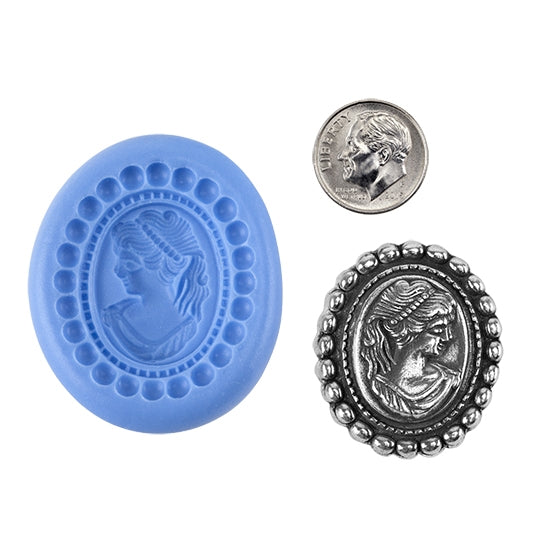 Ready Mold - Beaded Cameo  Blue Mold, Silver Sample with Dime