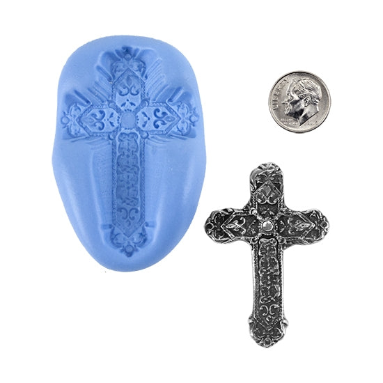 Ready Mold - Embellished Cross  Blue Ready Mold, Silver Sample with Dime