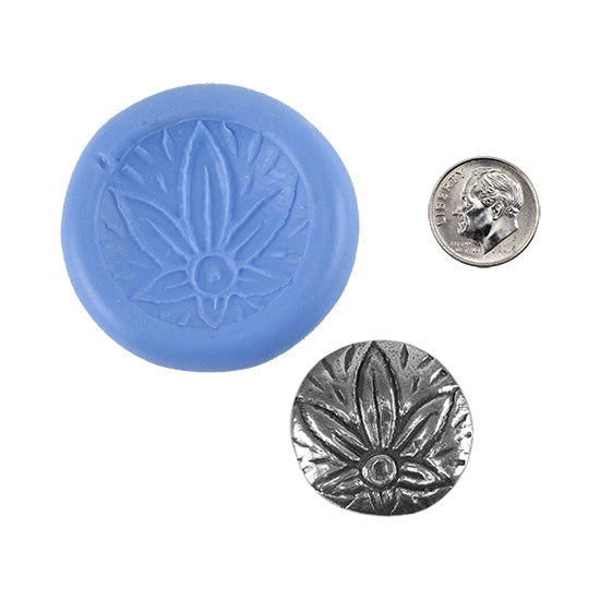 Ready Mold - Flower Carving  Blue Ready Mold, Silver Sample with Dime