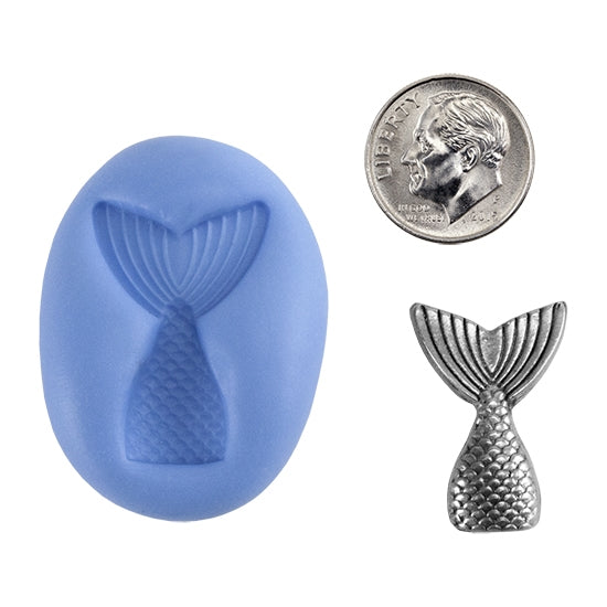 Ready Mold - Mermaid's Tail  Blue Ready Mold, Silver Sample with Dime