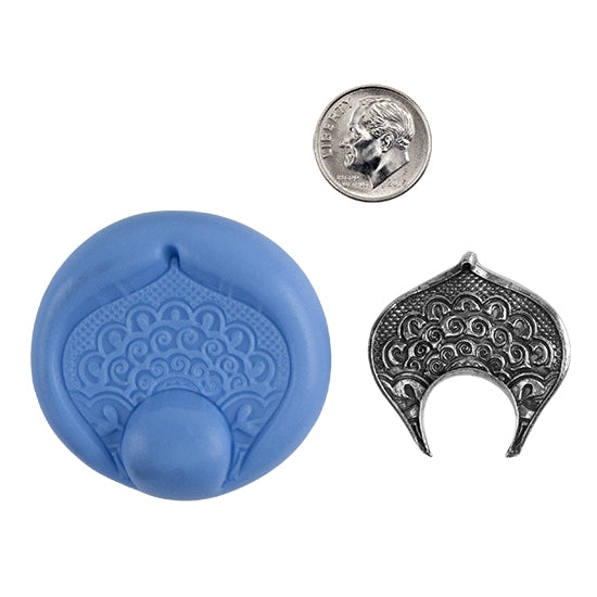 Ready Mold - Tibetan Drop  Blue Ready Mold, Silver Sample with Dime