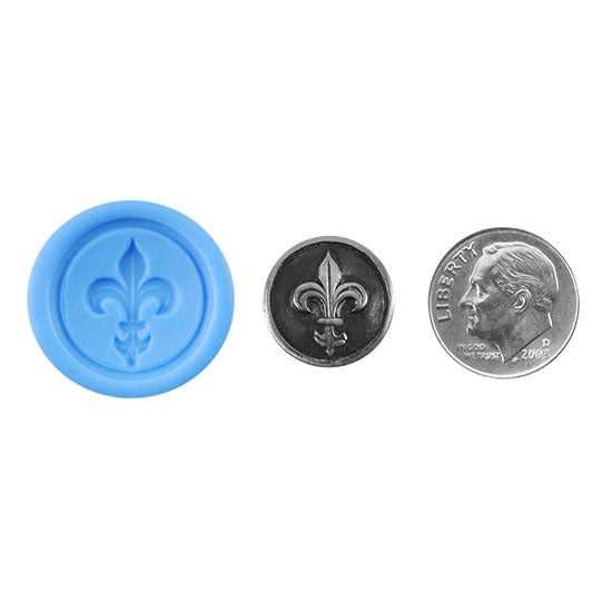 Ready Mold - Fleur de lis Charm  Blue Ready Mold, Silver Sample with Dime