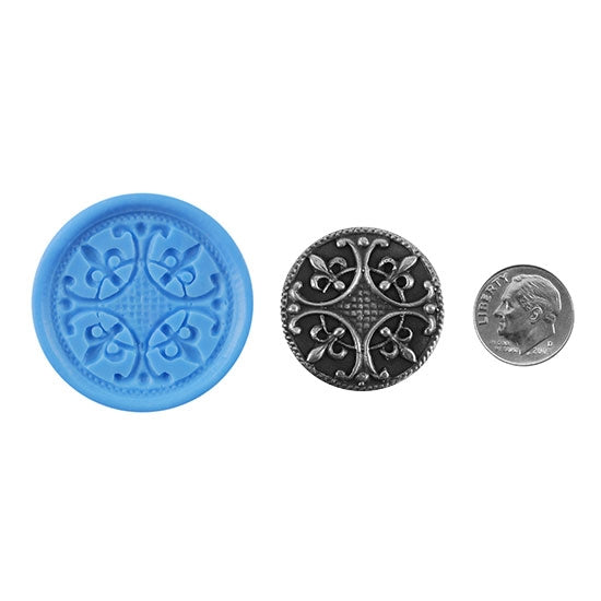 Ready Mold - Fleur de Shield  Blue Ready Mold, Silver Sample with Dime