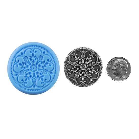 Ready Mold - Filigree Floral  Blue Ready Mold, Silver Sample with Dime