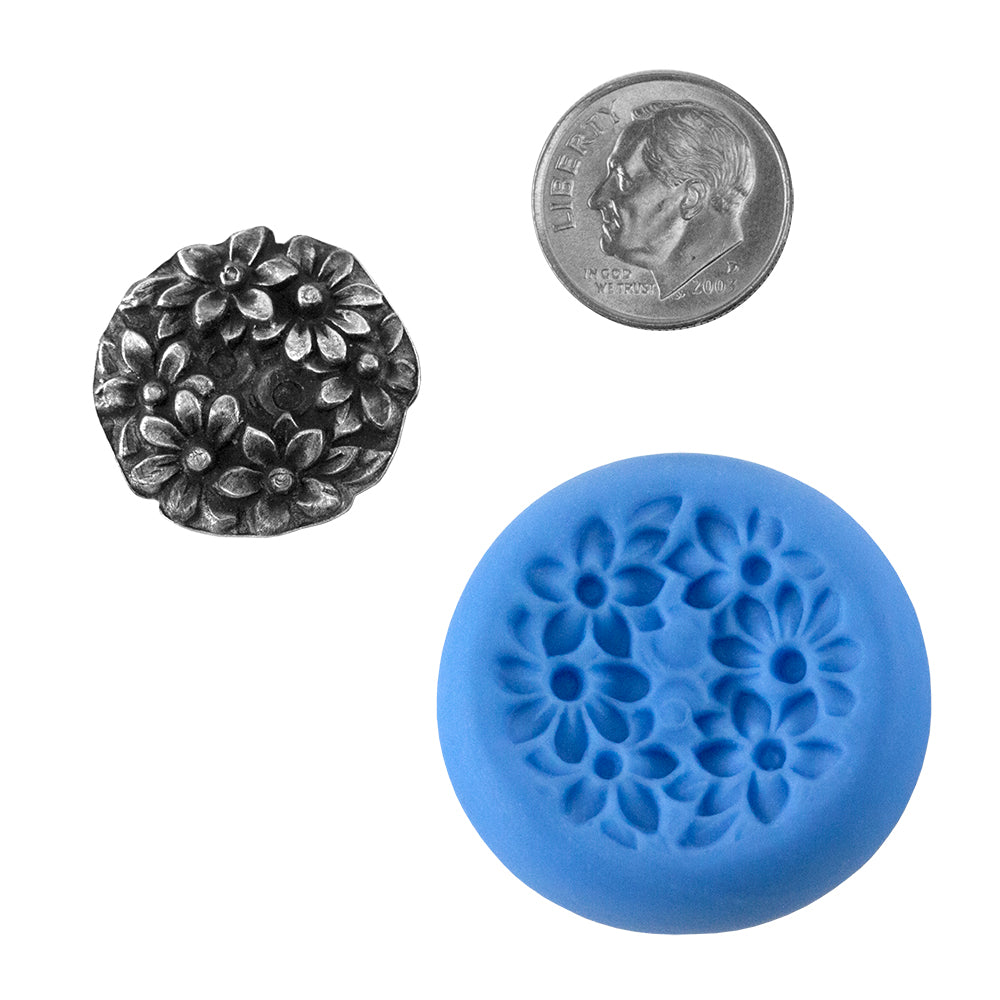 Ready Mold - Carved Daisies  Blue Ready Mold, Silver Sample with Dime