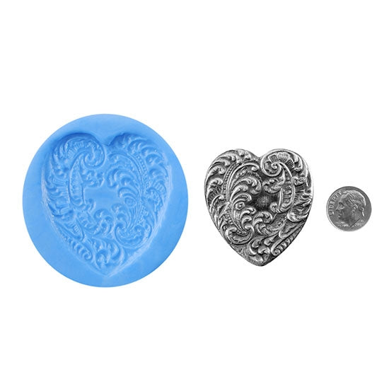 Ready Mold - Victorian Heart  Blue Ready Mold, Silver Sample with Dime