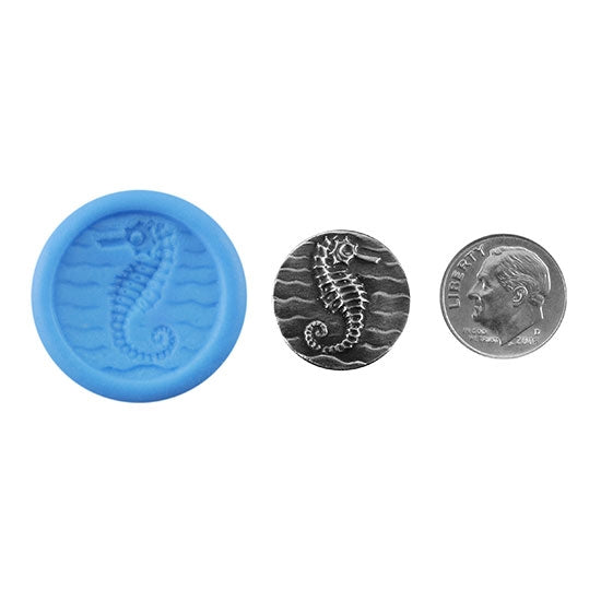 Ready Mold - Seahorse  Blue Ready Mold, Silver Sample with Dime