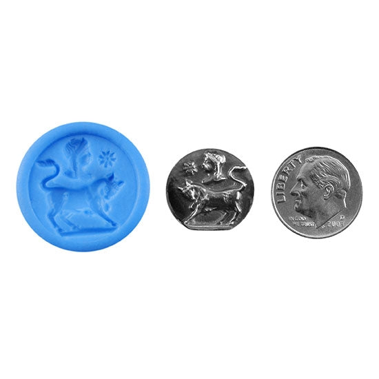 Ready Mold - Goddess & Her Beast  Blue Ready Mold, Silver Sample with Dime