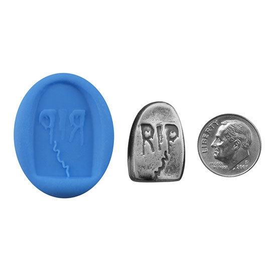 Ready Mold - Halloween Gravestone  Blue Ready Mold, Silver Sample with Dime