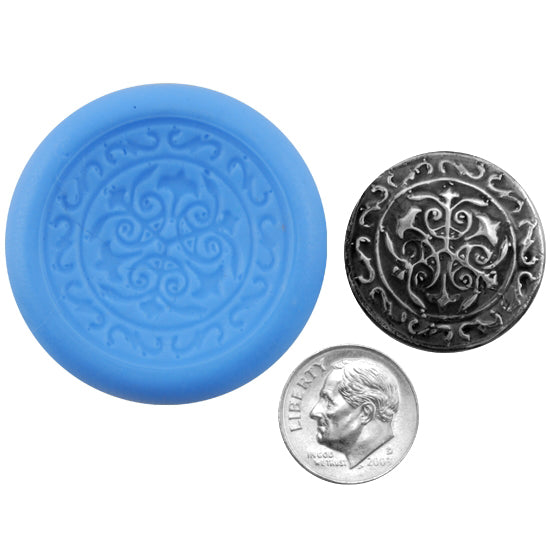 Ready Mold - Victorian Crest  Blue Ready Mold, Silver Sample with Dime