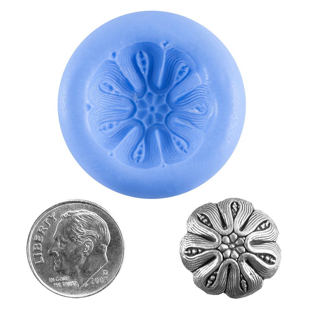 Ready Mold - Fancy Pin Cushion  Blue Ready Mold, Silver Sample with Dime