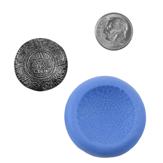 Ready Mold - Aztec Calendar  Blue Mold, Silver Sample with Dime